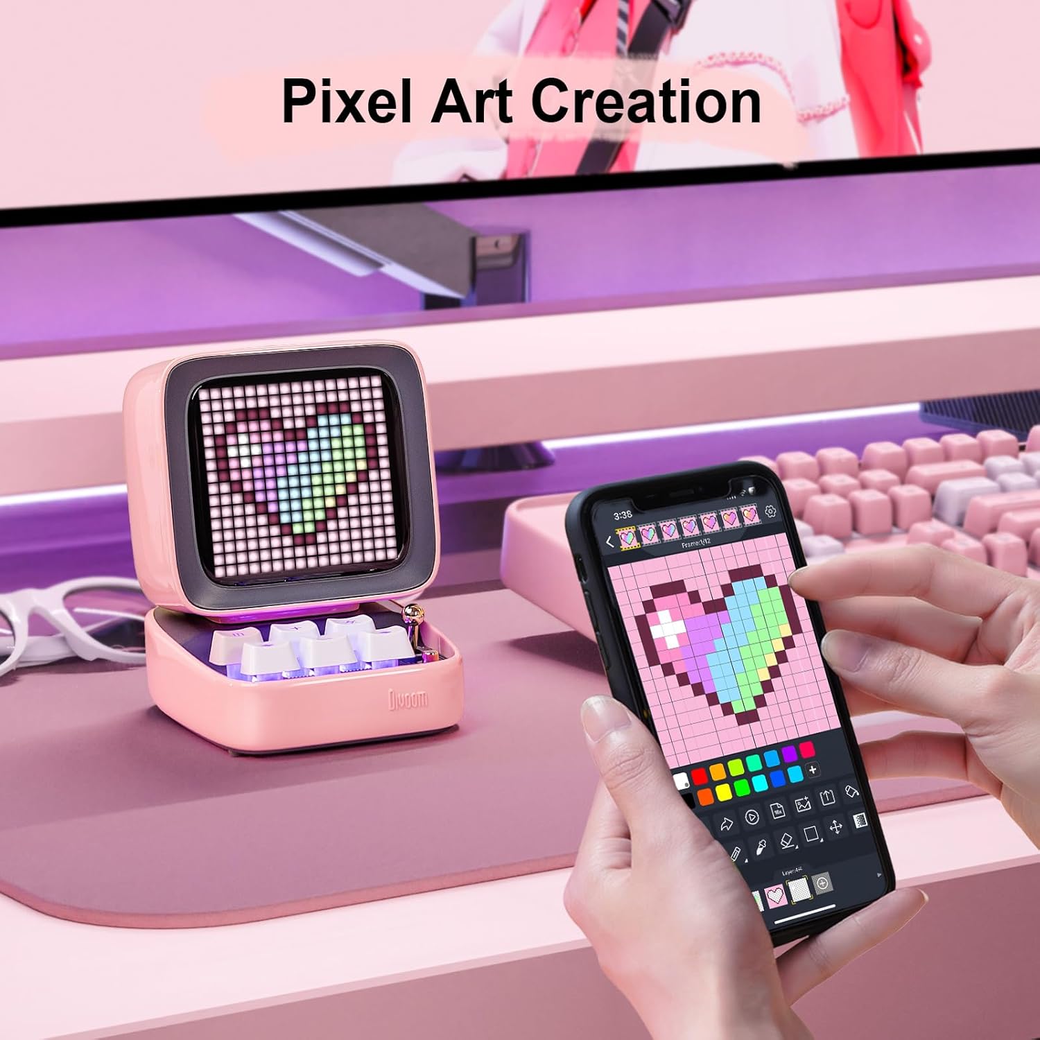 Experience Fun and Creativity with the Ditoo Retro Pixel Art Bluetooth Speaker - App Controlled LED Display in Playful Pink